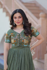 Thumbnail for Sonakshi Women's Seagreen Kora Cotton Multi Thread Embroidered Anarkali Gown Set