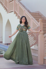 Thumbnail for Sonakshi Women's Seagreen Kora Cotton Multi Thread Embroidered Anarkali Gown Set