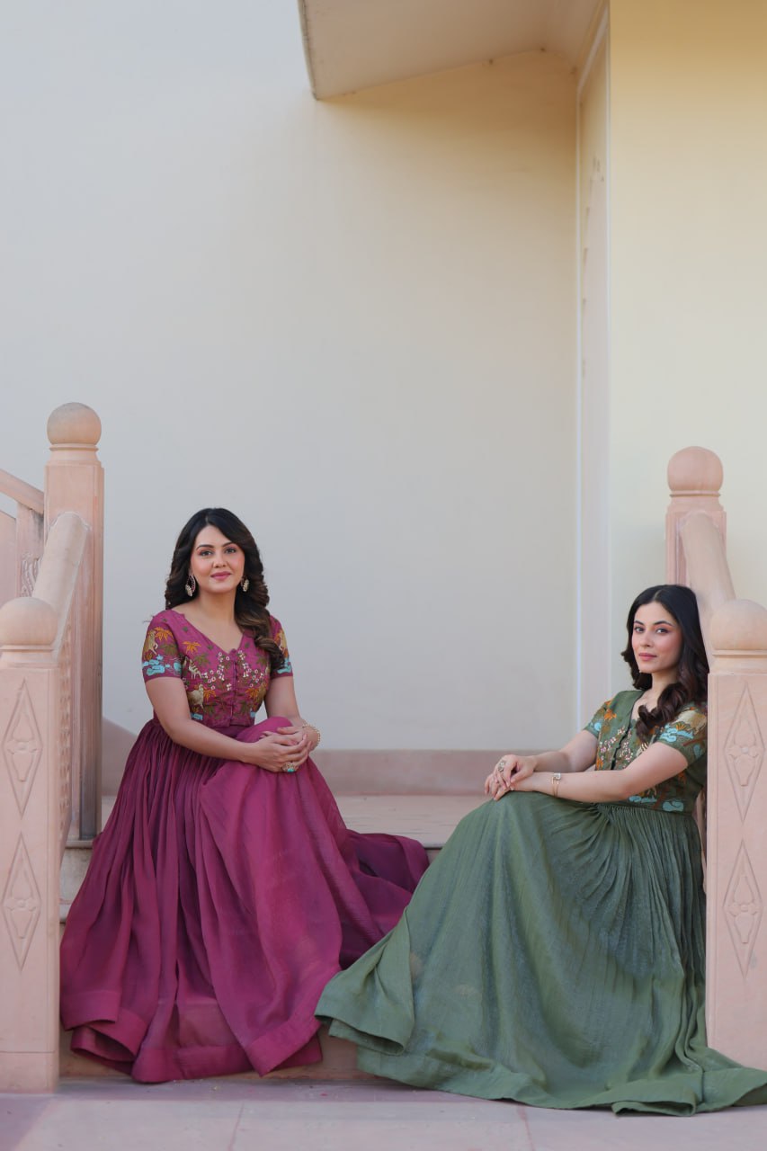 Sonakshi Women's Onion & Seagreen Kora Cotton Multi Thread Embroidered Anarkali Gown Set