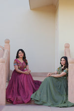 Thumbnail for Sonakshi Women's Onion & Seagreen Kora Cotton Multi Thread Embroidered Anarkali Gown Set