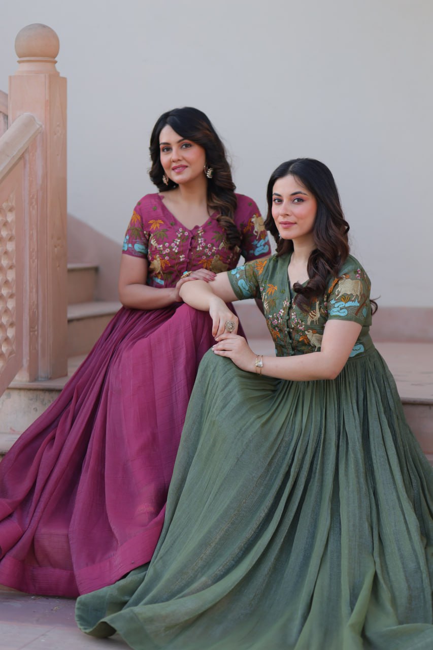 Sonakshi Women's Onion & Seagreen Kora Cotton Multi Thread Embroidered Anarkali Gown Set