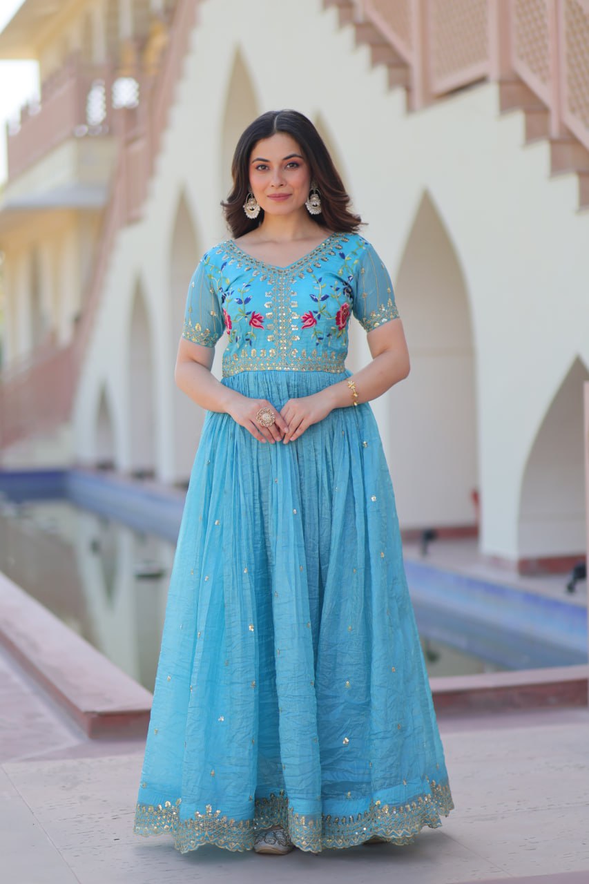 Sonakshi Women's Sky Gold Crush Multi Thread Embroidery Zari Sequince Work Anarkali Gown Set - Distacart