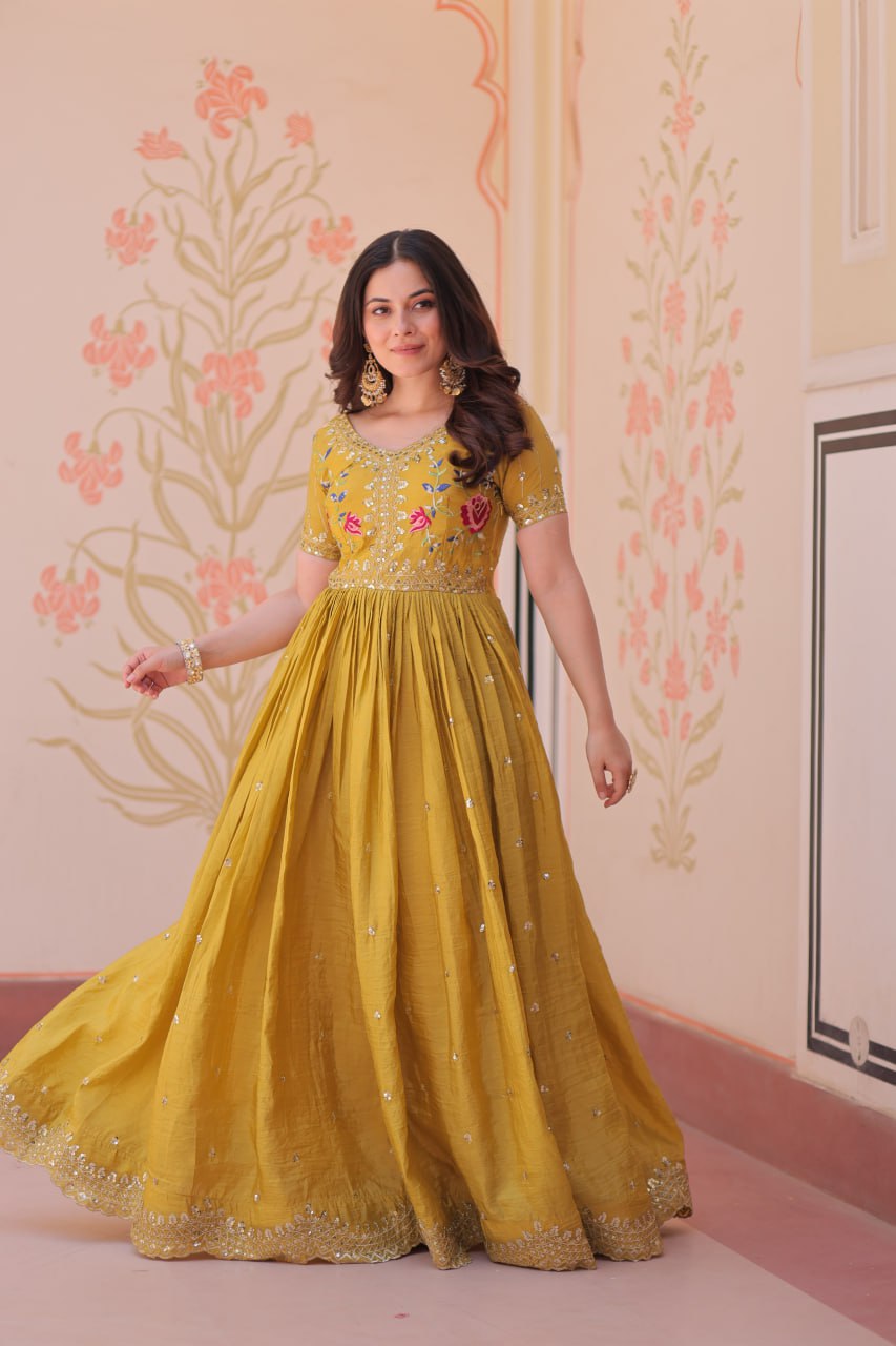 Sonakshi Women's Yellow Gold Crush Multi Thread Embroidery Zari Sequince Work Anarkali Gown Set