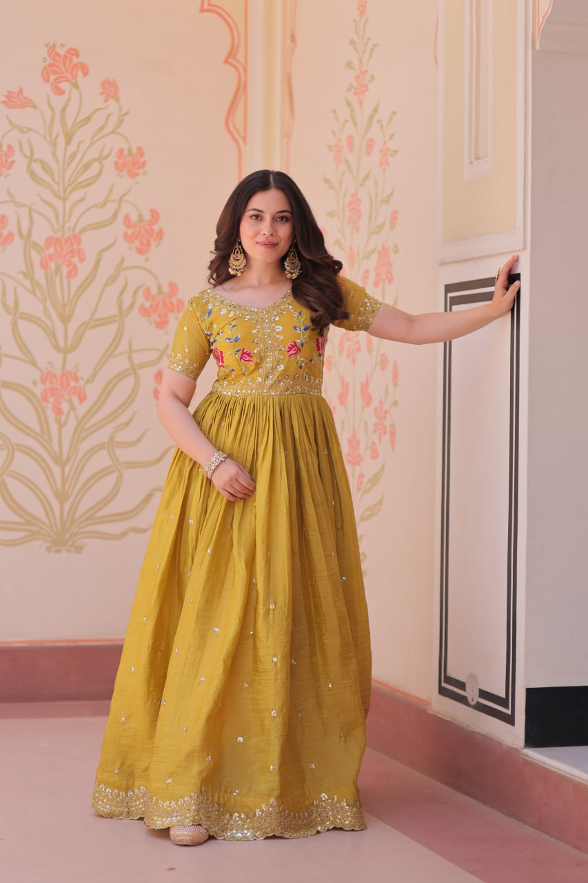 Sonakshi Women's Yellow Gold Crush Multi Thread Embroidery Zari Sequince Work Anarkali Gown Set - Distacart