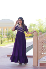 Thumbnail for Sonakshi Women's Purple Faux Blooming Sequince Multi Threaded Beads Embroidered Work Anarkali Gown Set