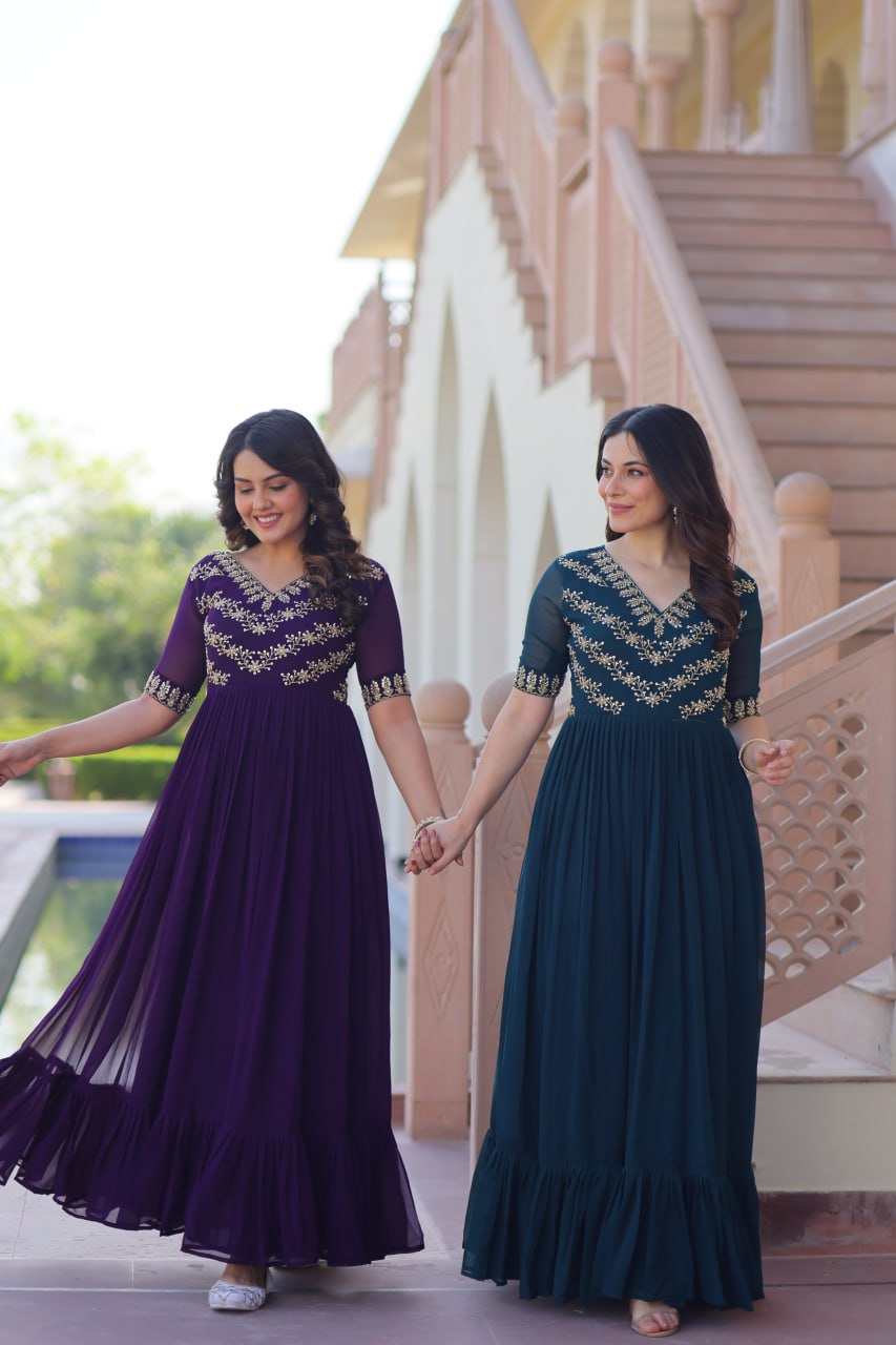 Sonakshi Women's Purple & Rama Faux Blooming Beads embroidery-work Anarkali Gown Set