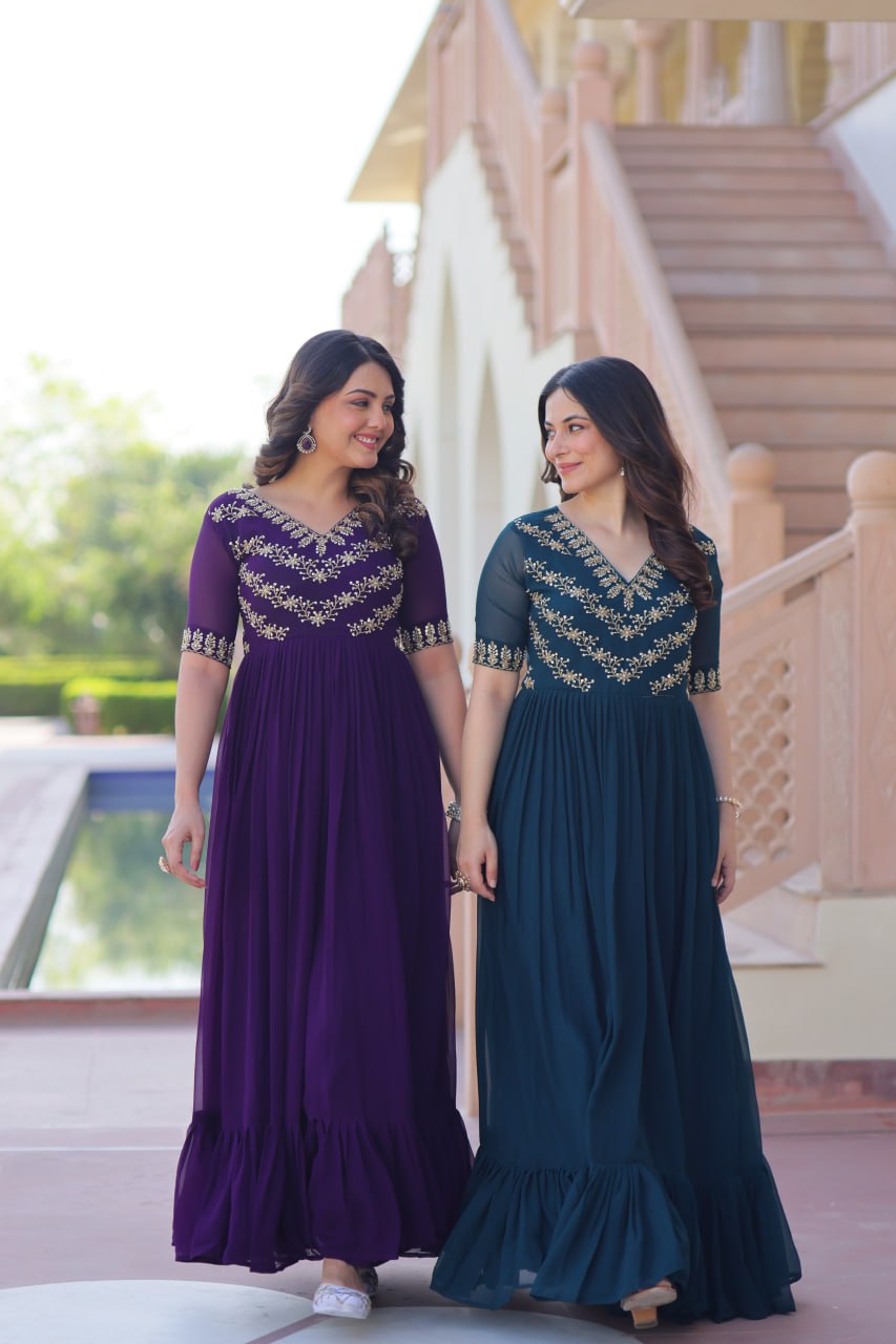 Sonakshi Women's Purple & Rama Faux Blooming Beads embroidery-work Anarkali Gown Set