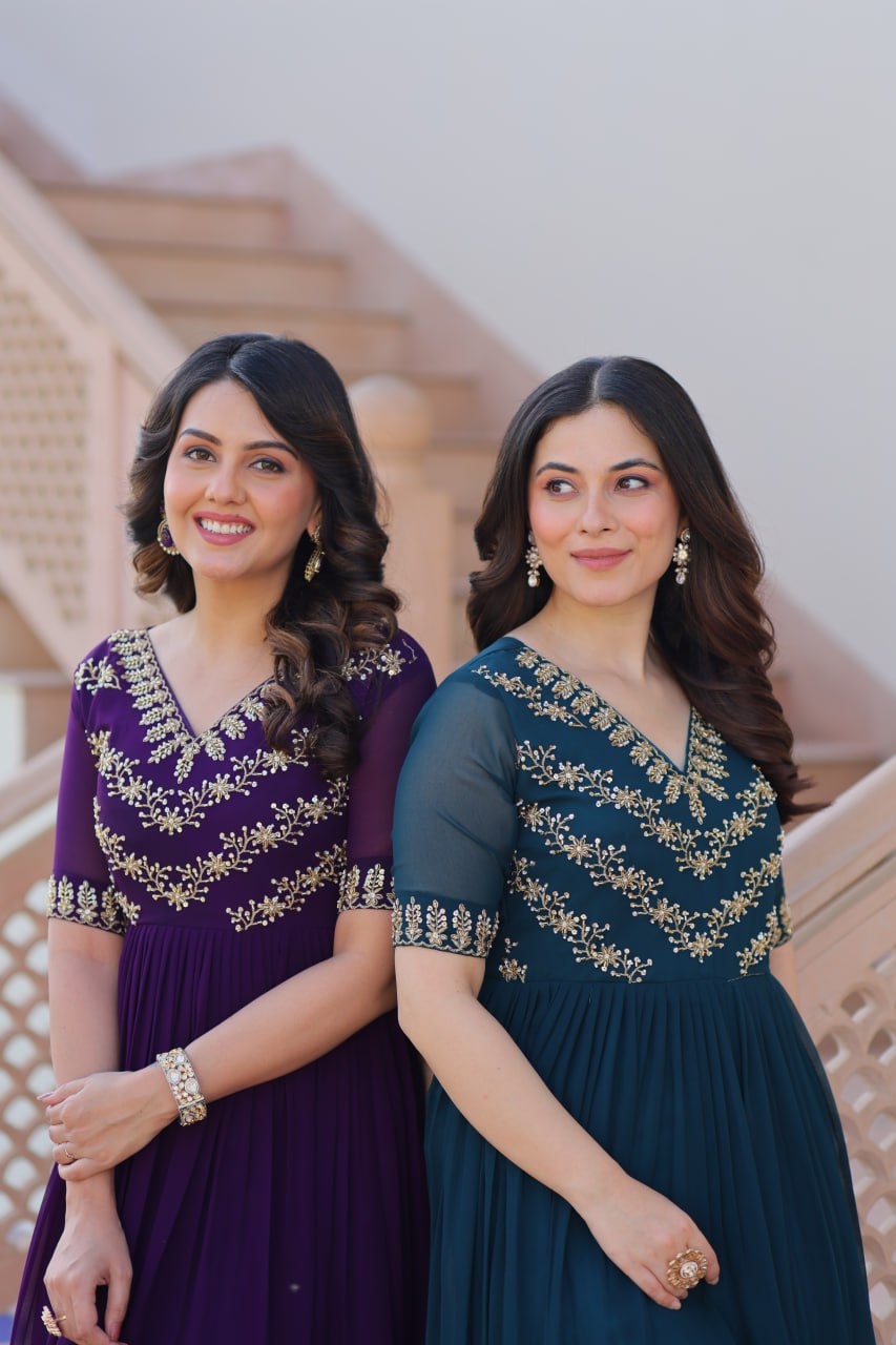 Sonakshi Women's Purple & Rama Faux Blooming Beads embroidery-work Anarkali Gown Set