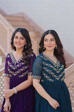 Thumbnail for Sonakshi Women's Purple & Rama Faux Blooming Beads embroidery-work Anarkali Gown Set