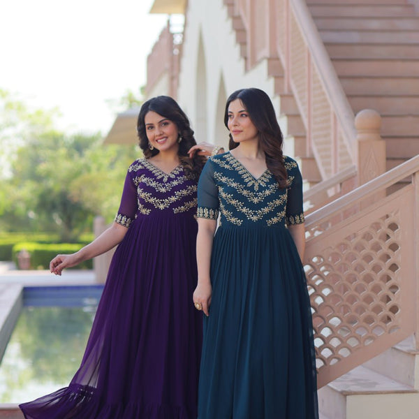 Sonakshi Women's Purple & Rama Faux Blooming Beads embroidery-work Anarkali Gown Set - Distacart