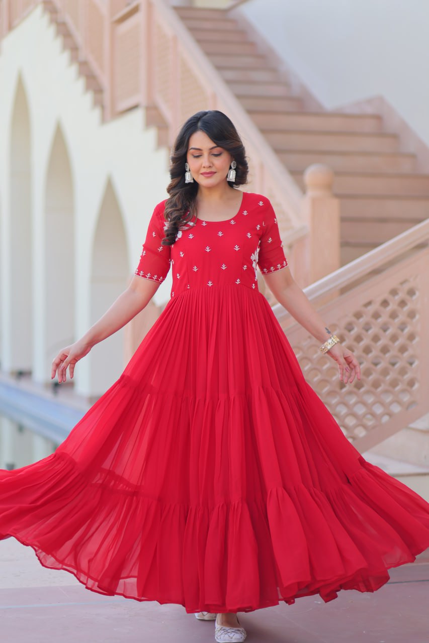 Sonakshi Women's Red Faux Blooming Beads embroidery-work Anarkali Gown Set