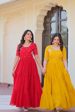 Thumbnail for Sonakshi Women's Red & Gold Faux Blooming Beads embroidery-work Anarkali Gown Set