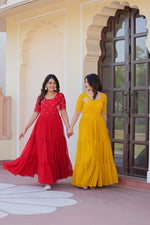 Thumbnail for Sonakshi Women's Red & Gold Faux Blooming Beads embroidery-work Anarkali Gown Set