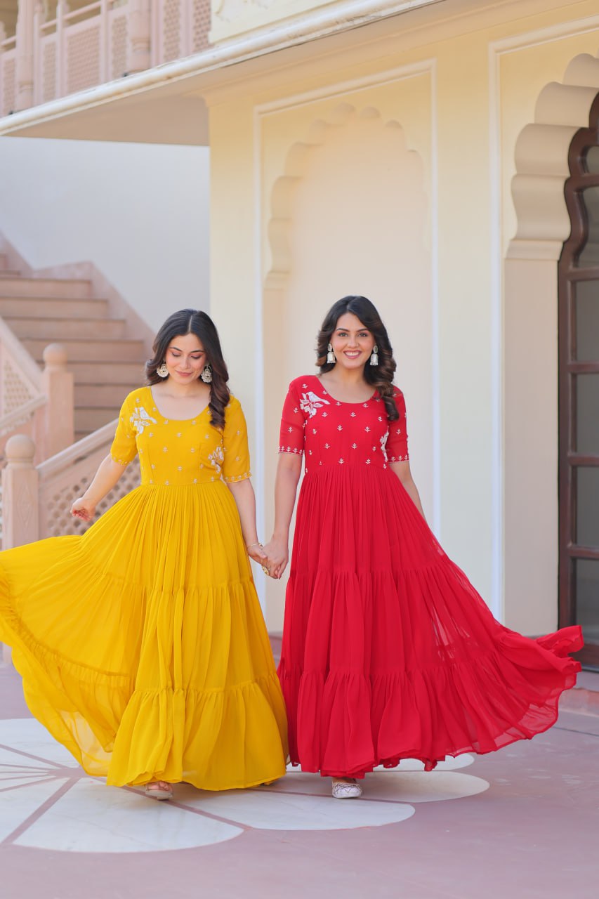 Sonakshi Women's Red & Gold Faux Blooming Beads embroidery-work Anarkali Gown Set