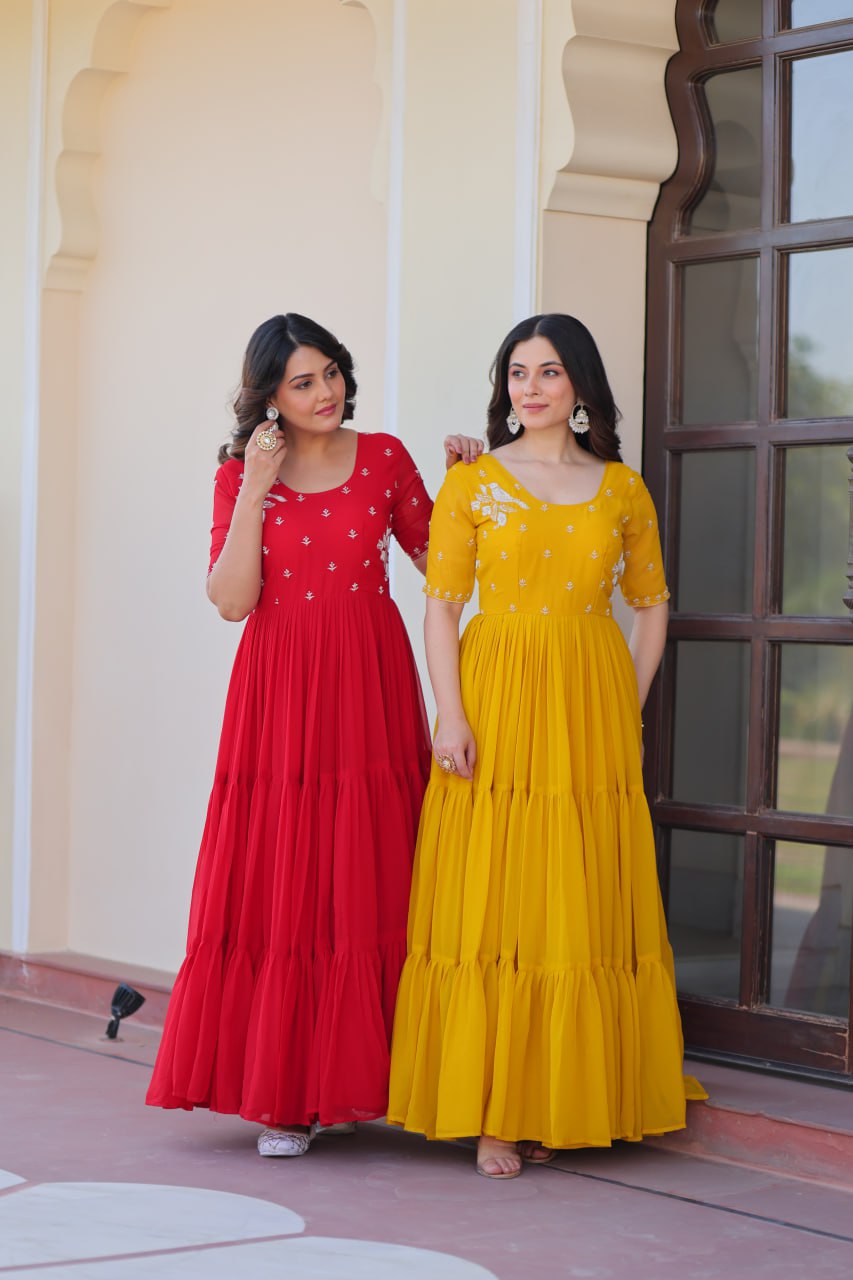 Sonakshi Women's Red & Gold Faux Blooming Beads embroidery-work Anarkali Gown Set - Distacart