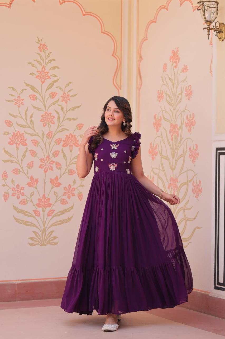 Sonakshi Women's Purple Faux Blooming Beads Embroidered work Anarkali Gown Set - Distacart