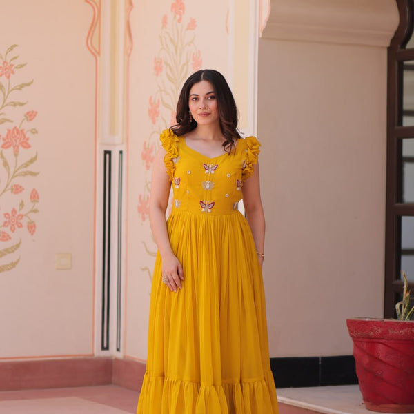 Sonakshi Women's Gold Faux Blooming Beads Embroidered work Anarkali Gown Set