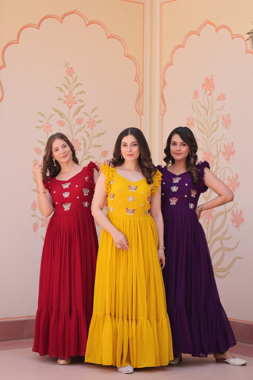 Sonakshi Women's Purple , Maroon & Gold Faux Blooming Beads Embroidered work Anarkali Gown Set