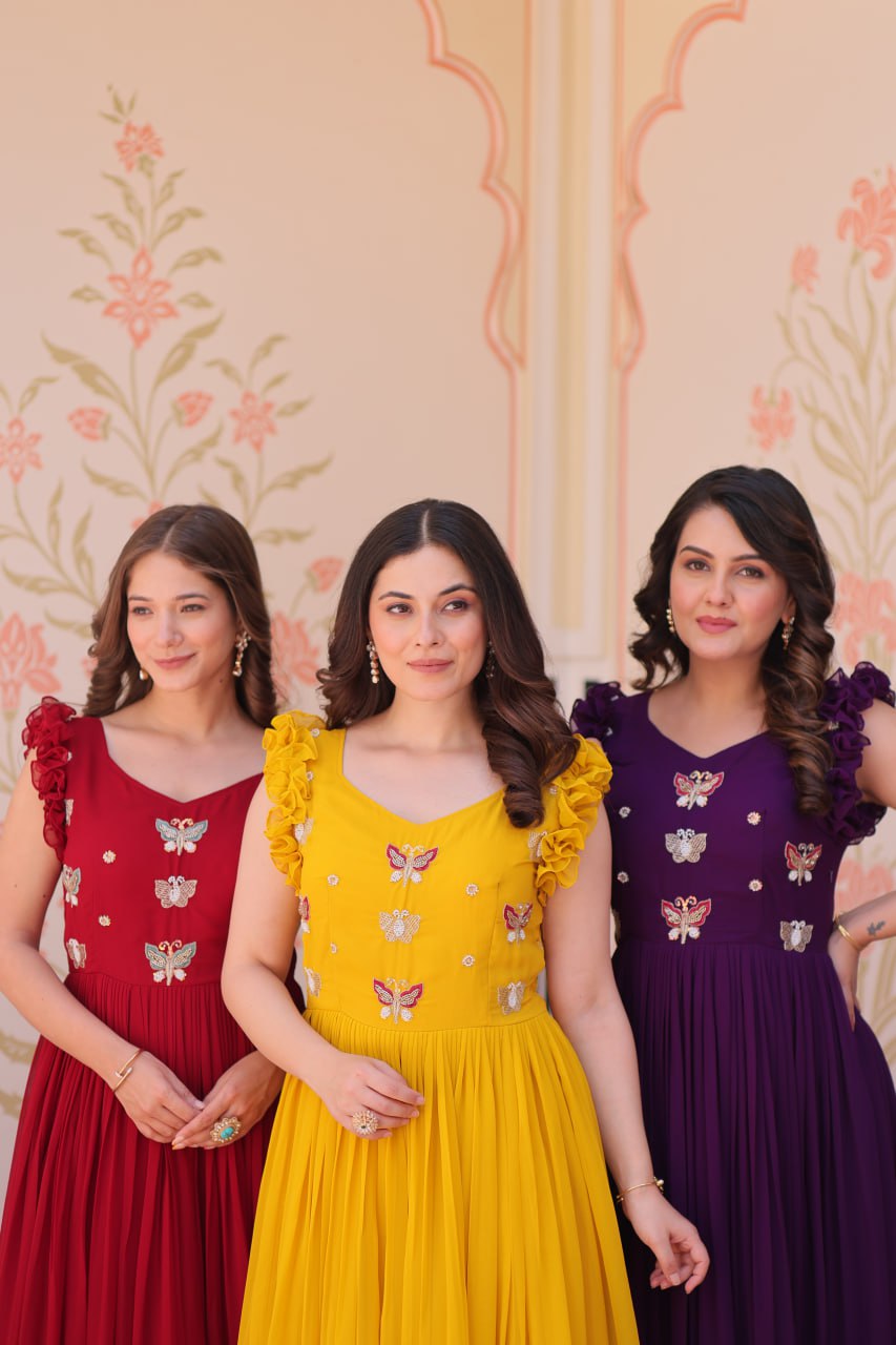 Sonakshi Women's Purple , Maroon & Gold Faux Blooming Beads Embroidered work Anarkali Gown Set