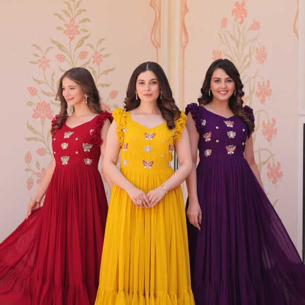 Sonakshi Women's Purple , Maroon & Gold Faux Blooming Beads Embroidered work Anarkali Gown Set