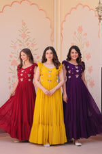 Thumbnail for Sonakshi Women's Purple , Maroon & Gold Faux Blooming Beads Embroidered work Anarkali Gown Set