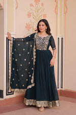 Thumbnail for Sonakshi Women's Rama Faux Blooming Embroidered Zari Sequins Work Anarkali Gown Set With Dupatta