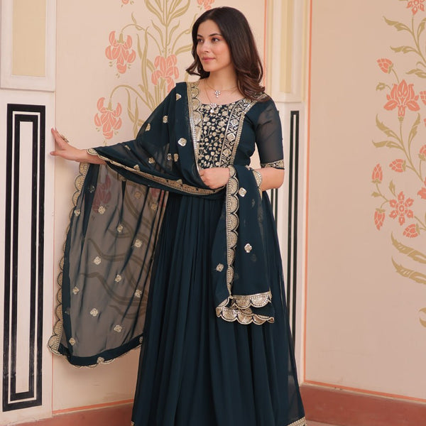 Sonakshi Women's Rama Faux Blooming Embroidered Zari Sequins Work Anarkali Gown Set With Dupatta