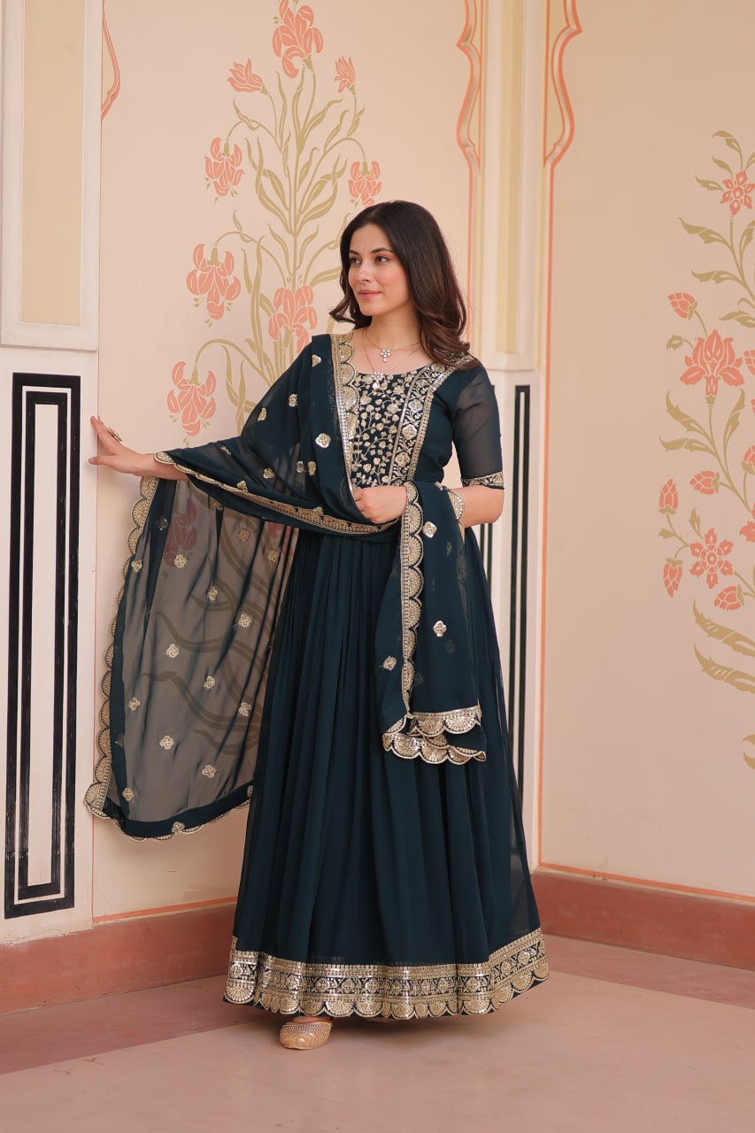 Sonakshi Women's Rama Faux Blooming Embroidered Zari Sequins Work Anarkali Gown Set With Dupatta - Distacart