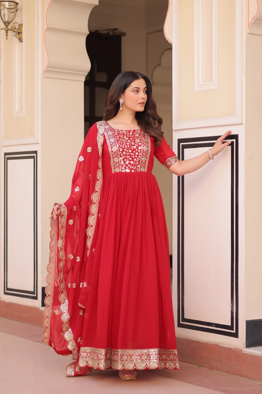 Sonakshi Women's Red Faux Blooming Embroidered Zari Sequins Work Anarkali Gown Set With Dupatta