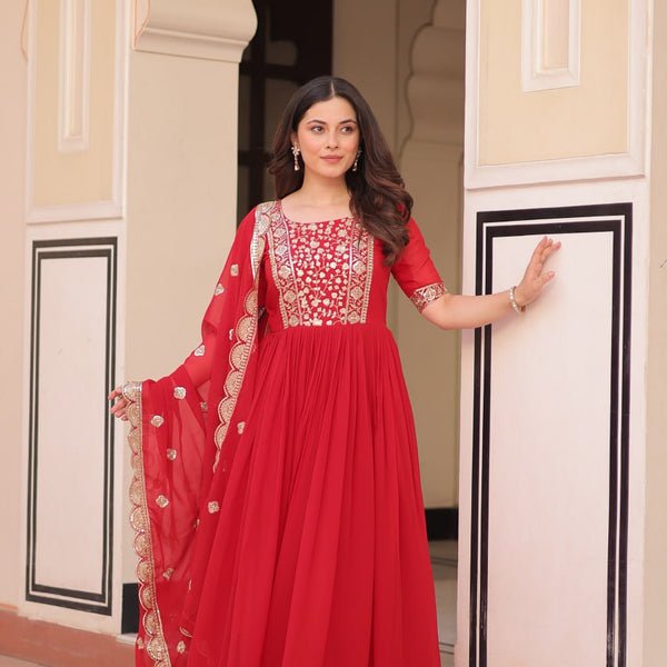 Sonakshi Women's Red Faux Blooming Embroidered Zari Sequins Work Anarkali Gown Set With Dupatta