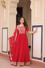 Thumbnail for Sonakshi Women's Red Faux Blooming Embroidered Zari Sequins Work Anarkali Gown Set With Dupatta
