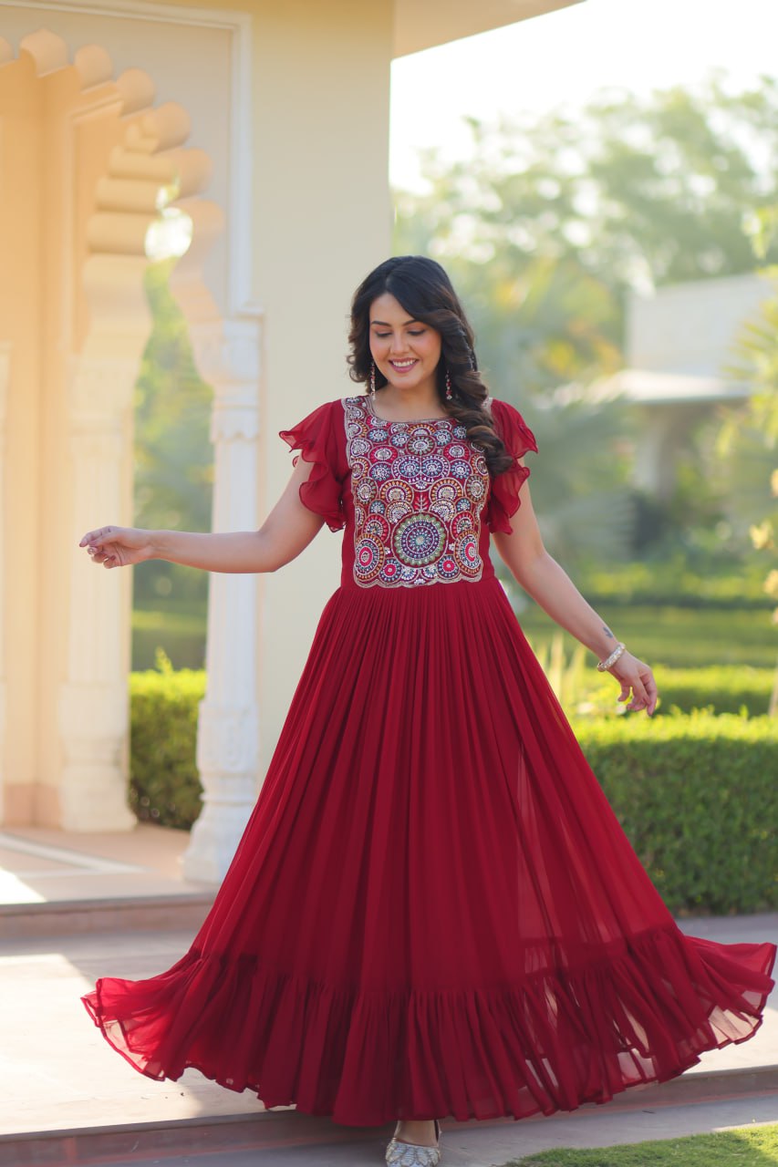 Sonakshi Women's Maroon Faux Blooming Beads and Sequince Multithreaded Embroidered Work Anarkali Gown Set - Distacart