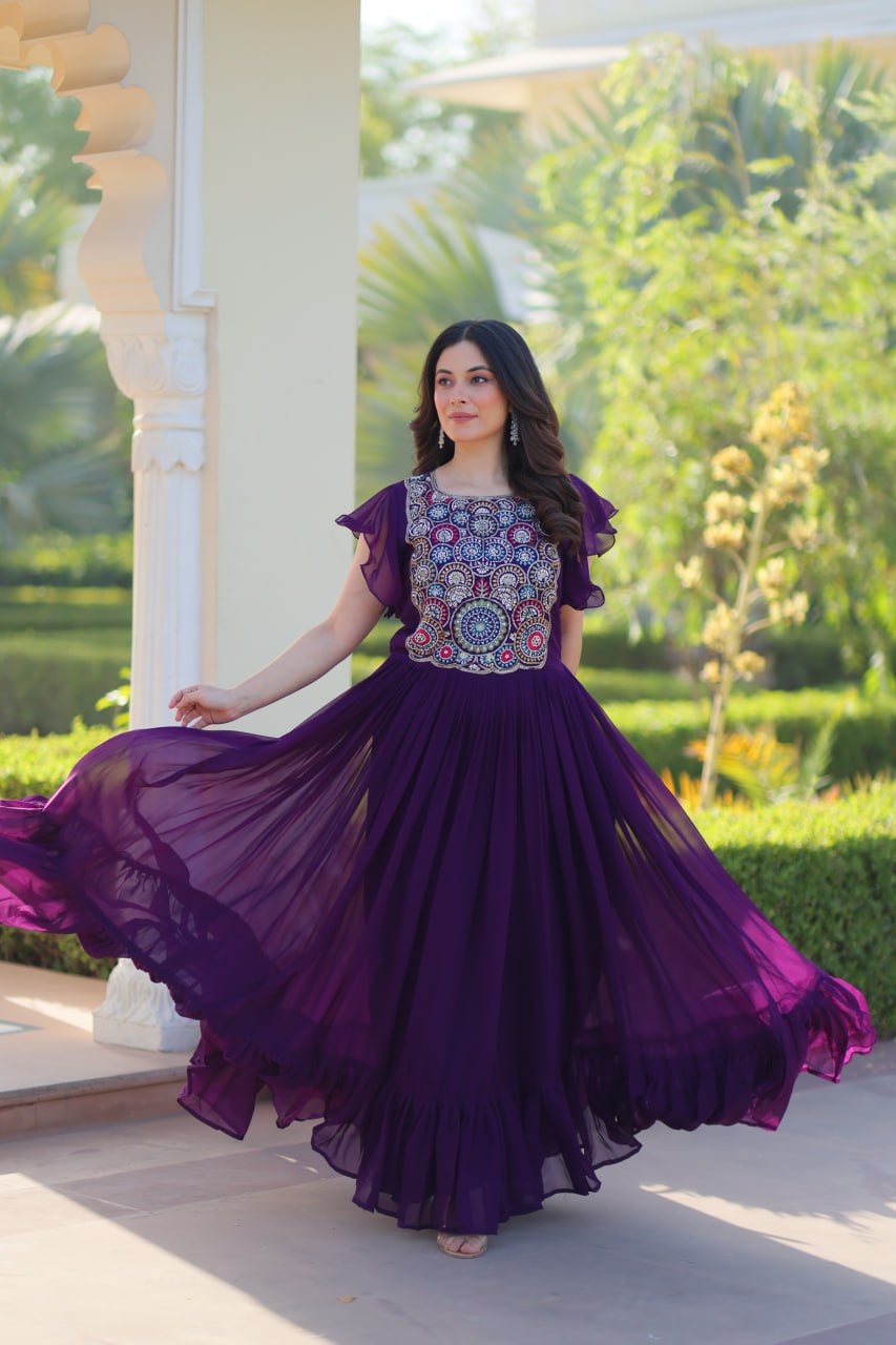 Sonakshi Women's Purple Faux Blooming Beads and Sequince Multithreaded Embroidered Work Anarkali Gown Set - Distacart