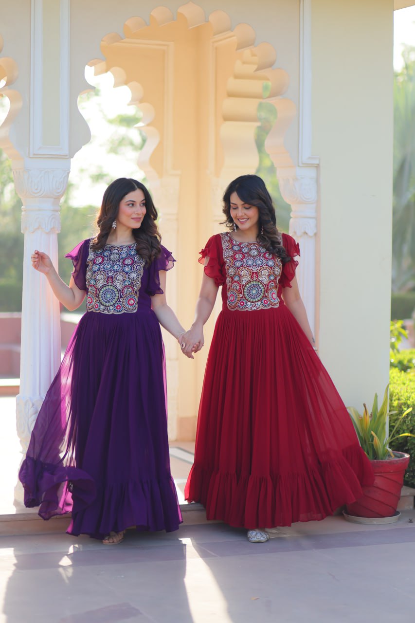 Sonakshi Women's Maroon & Purple Faux Blooming Beads and Sequince Multithreaded Embroidered Work Anarkali Gown Set