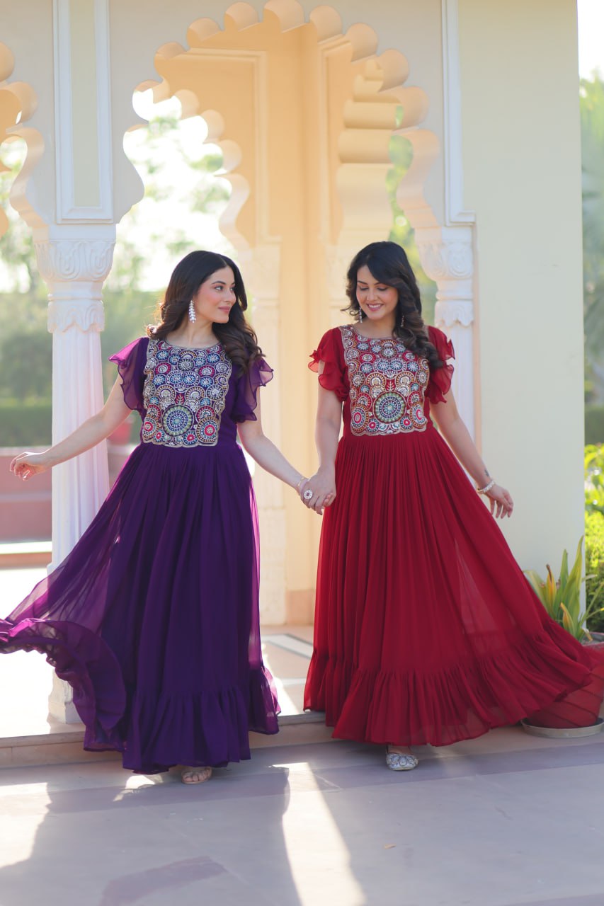 Sonakshi Women's Maroon & Purple Faux Blooming Beads and Sequince Multithreaded Embroidered Work Anarkali Gown Set - Distacart