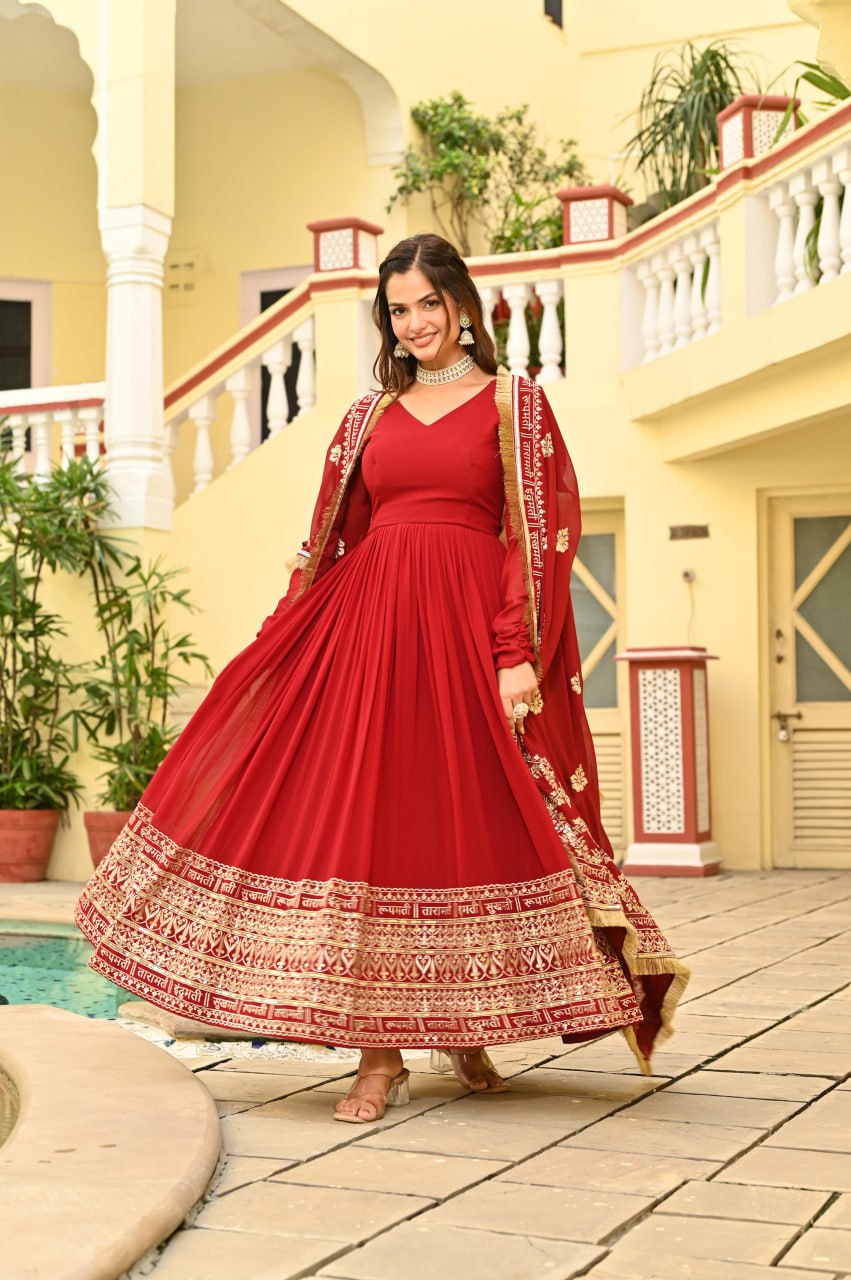 Sonakshi Women's Red Faux Blooming Embroidered Zari Sequins Work Anarkali Gown Set With Dupatta