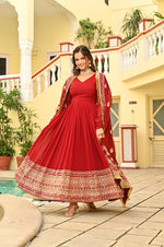 Thumbnail for Sonakshi Women's Red Faux Blooming Embroidered Zari Sequins Work Anarkali Gown Set With Dupatta