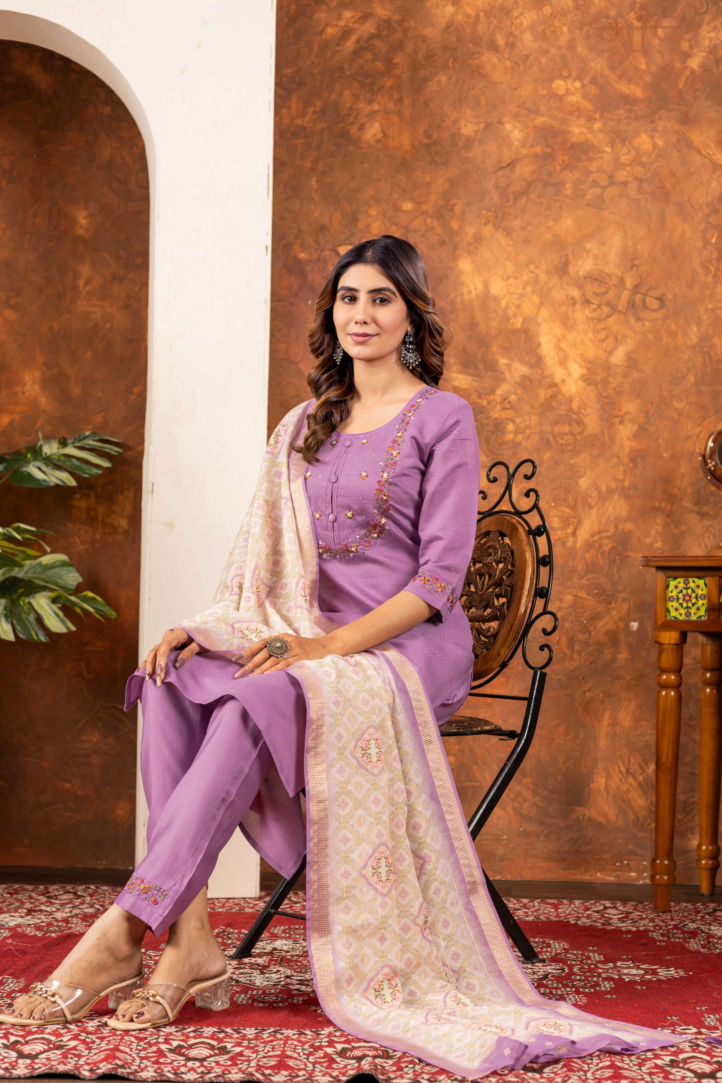 Sonakshi Women's Lavender Marina Silk Multi Embroidered Thread With Hand Work Kurta Set With Dupatta