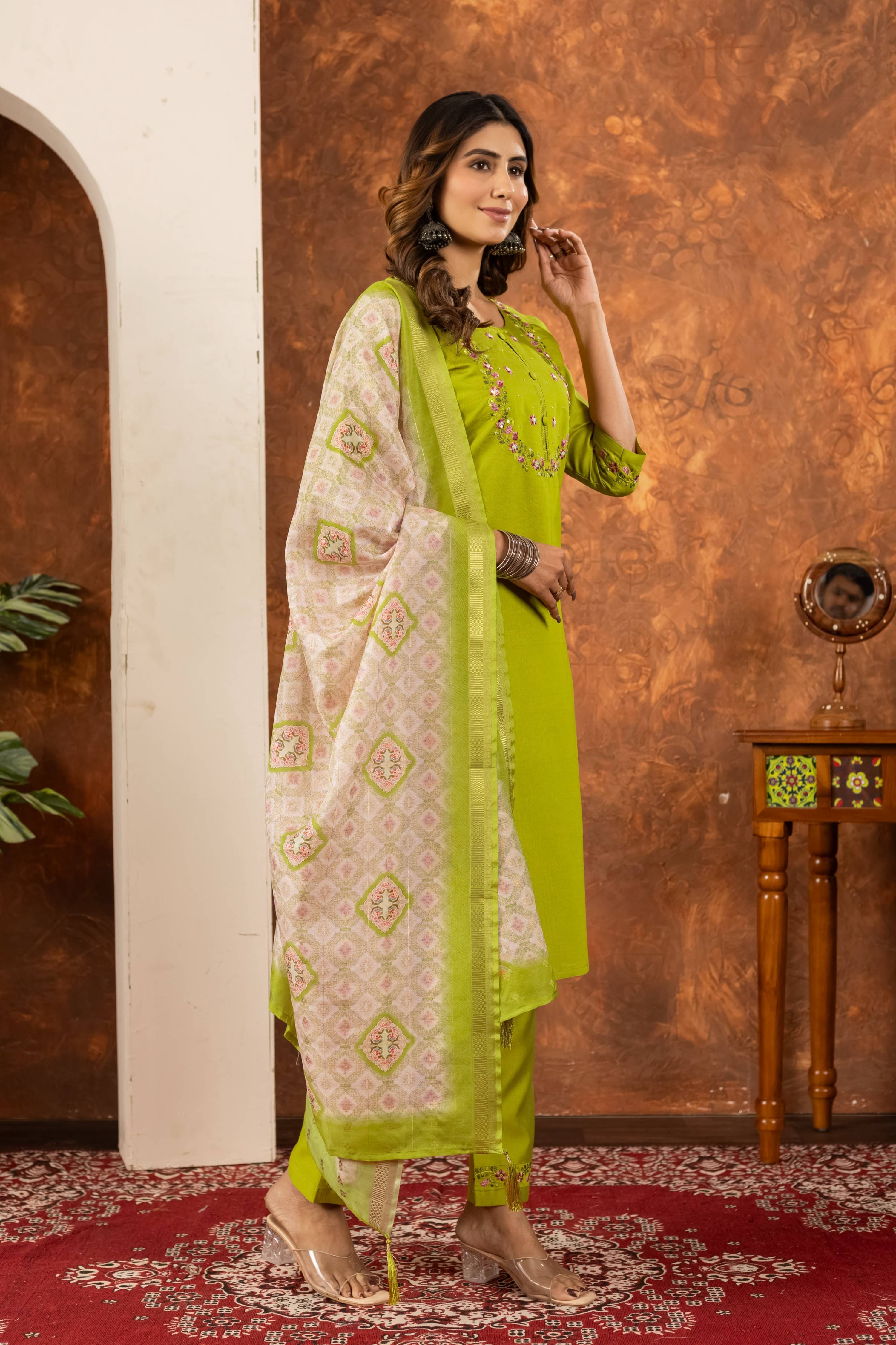 Sonakshi Women's Parrot Marina Silk Multi Embroidered Thread With Hand Work Kurta Set With Dupatta - Distacart