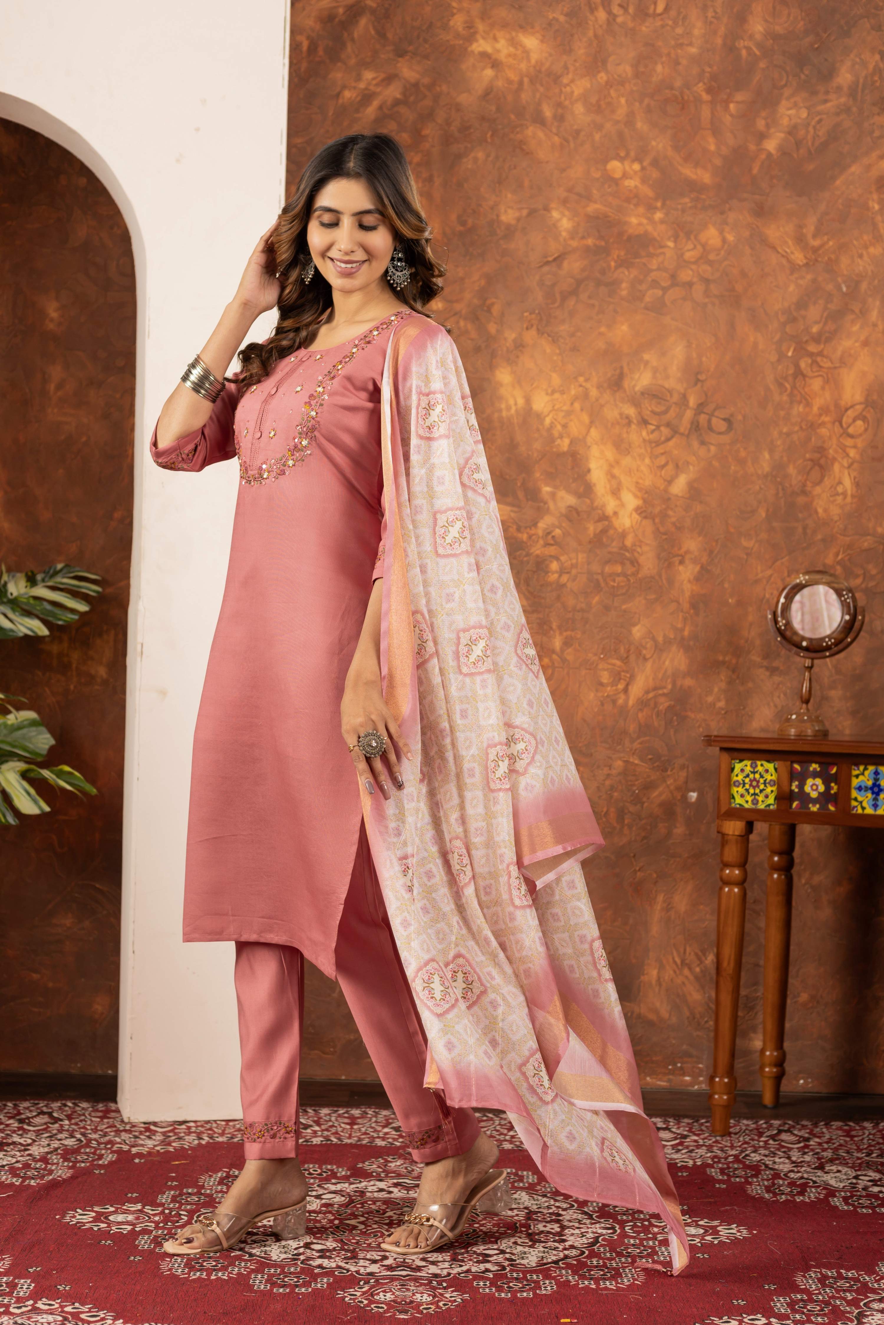 Sonakshi Women's Peach Marina Silk Multi Embroidered Thread With Hand Work Kurta Set With Dupatta - Distacart