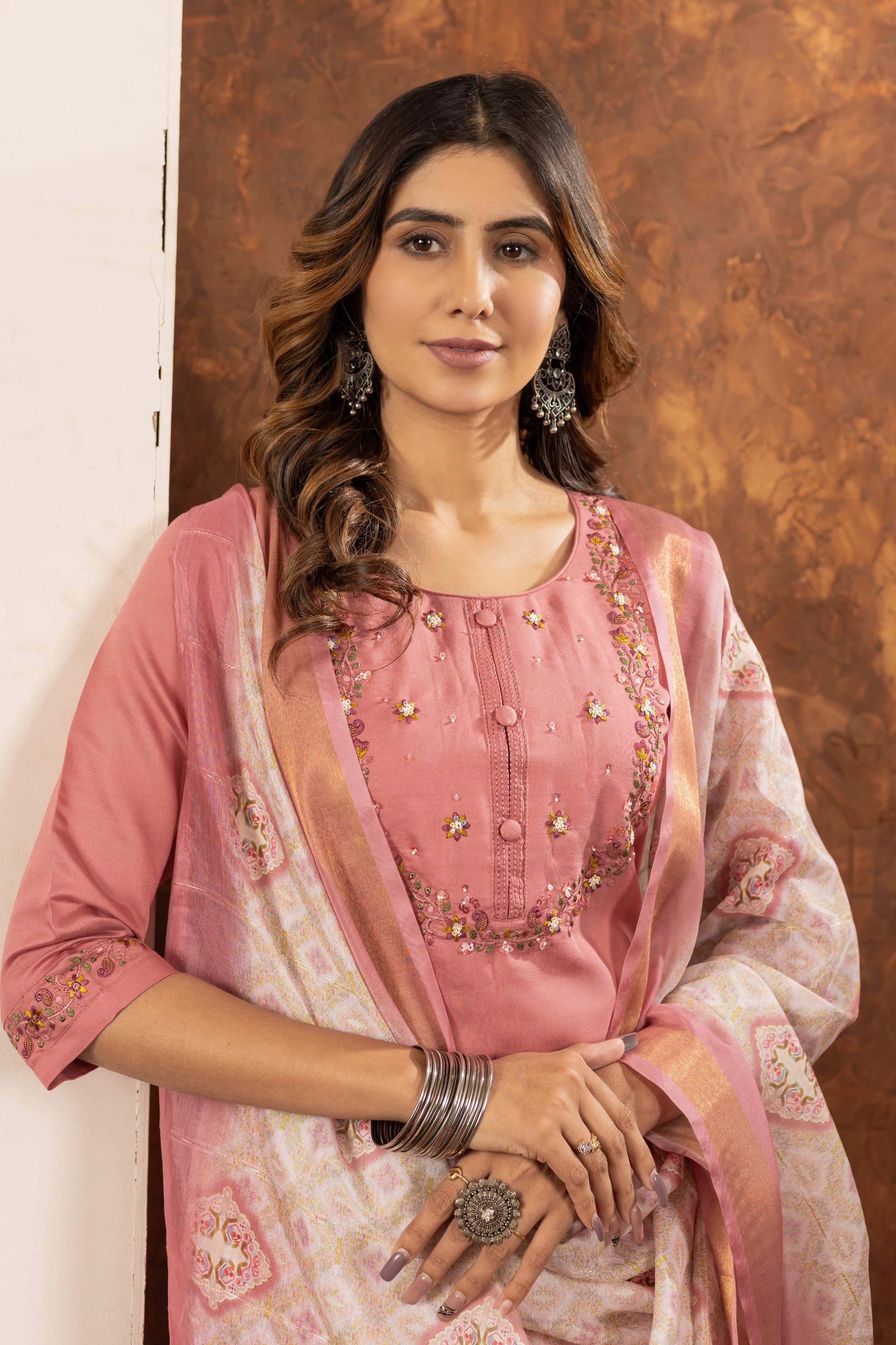 Sonakshi Women's Peach Marina Silk Multi Embroidered Thread With Hand Work Kurta Set With Dupatta - Distacart