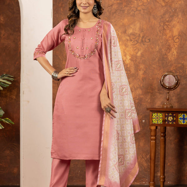 Sonakshi Women's Peach Marina Silk Multi Embroidered Thread With Hand Work Kurta Set With Dupatta - Distacart