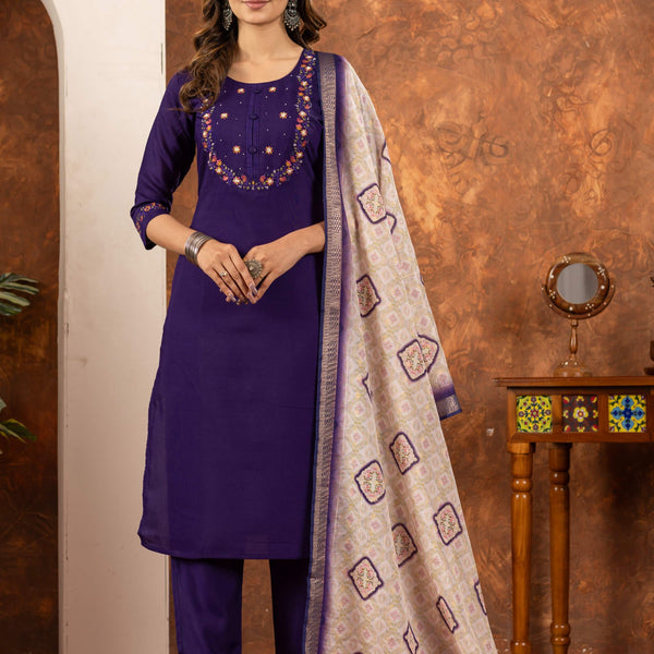 Sonakshi Women's Purple Marina Silk Multi Embroidered Thread With Hand Work Kurta Set With Dupatta - Distacart