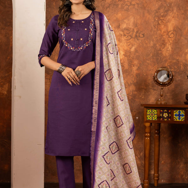 Sonakshi Women's Wine Marina Silk Multi Embroidered Thread With Hand Work Kurta Set With Dupatta - Distacart