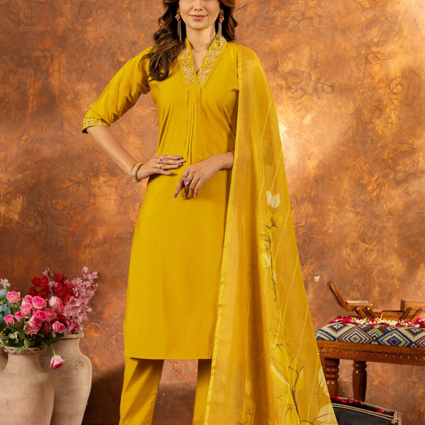 Sonakshi Women's Yellow Roman Silk Multi Embroidered Sequins With Hand Work Kurta Set With Dupatta - Distacart