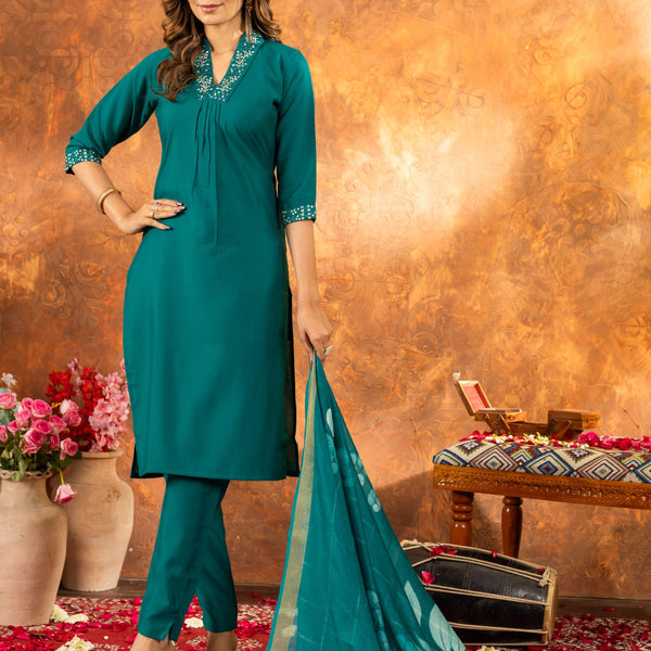 Sonakshi Women's Rama Roman Silk Multi Embroidered Sequins With Hand Work Kurta Set With Dupatta - Distacart