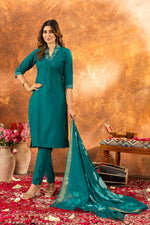 Thumbnail for Sonakshi Women's Rama Roman Silk Multi Embroidered Sequins With Hand Work Kurta Set With Dupatta - Distacart