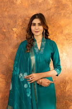 Thumbnail for Sonakshi Women's Rama Roman Silk Multi Embroidered Sequins With Hand Work Kurta Set With Dupatta - Distacart