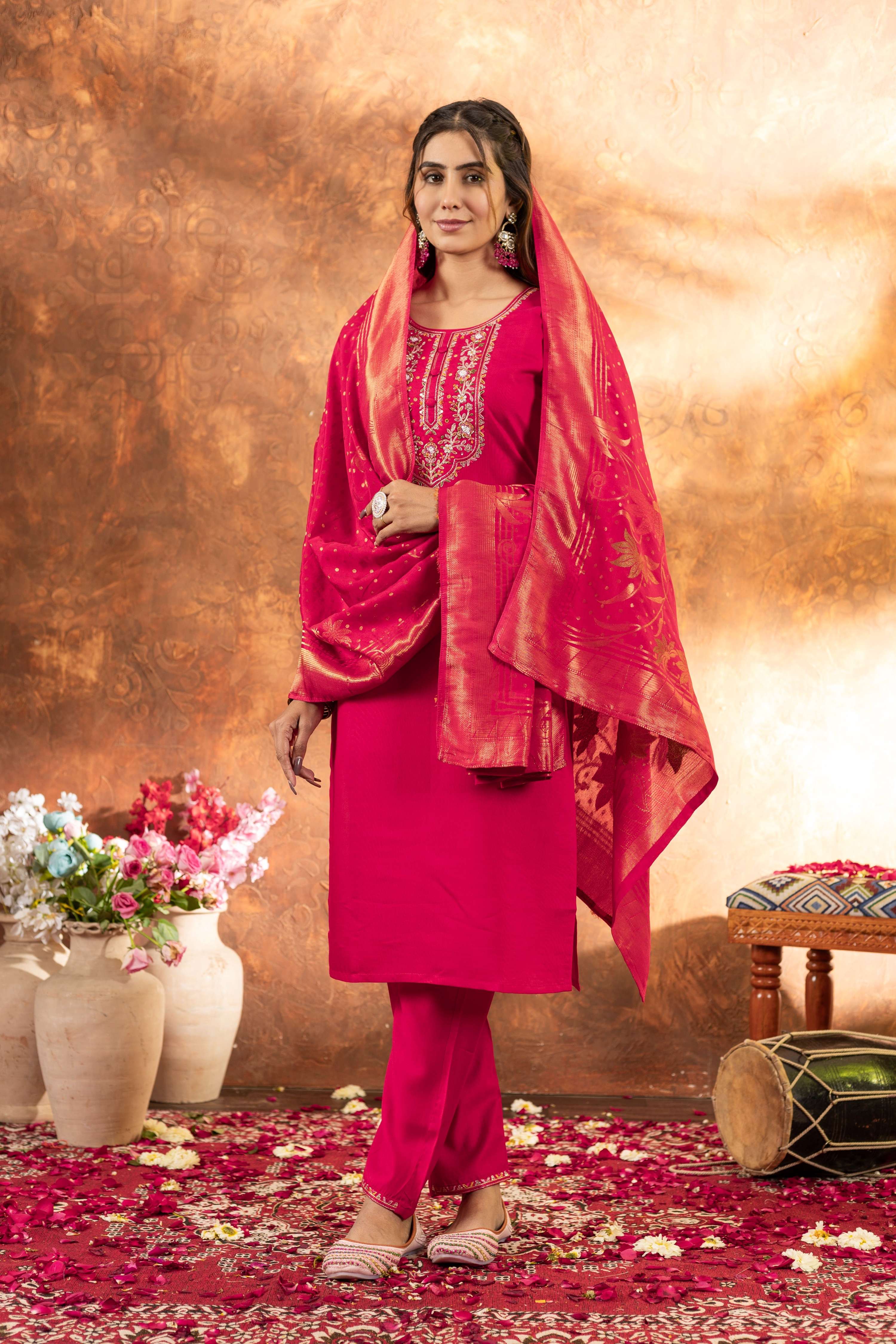 Sonakshi Women's Pink Roman Silk Multi Embroidered Sequins With Hand Work Kurta Set With Dupatta - Distacart