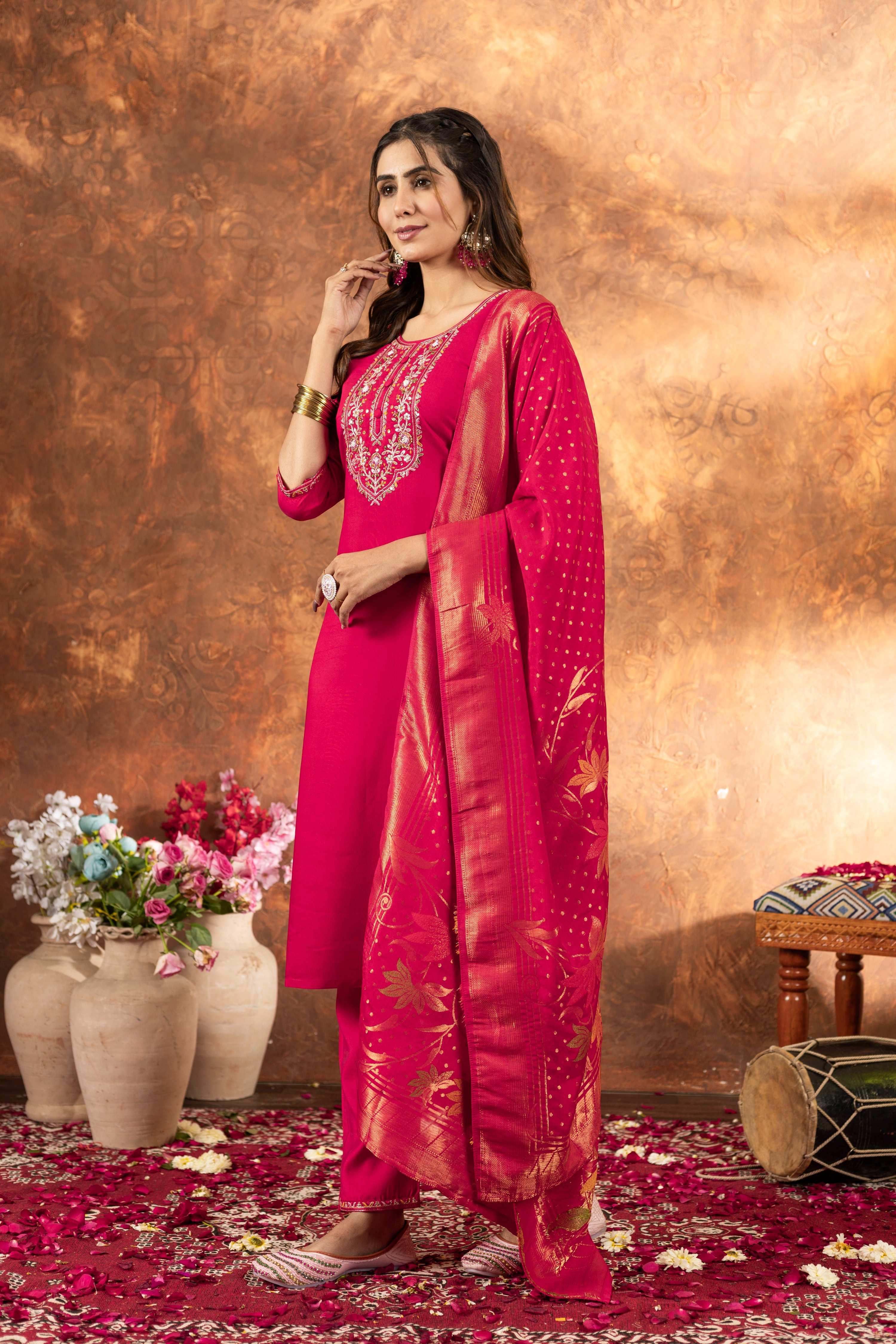 Sonakshi Women's Pink Roman Silk Multi Embroidered Sequins With Hand Work Kurta Set With Dupatta - Distacart